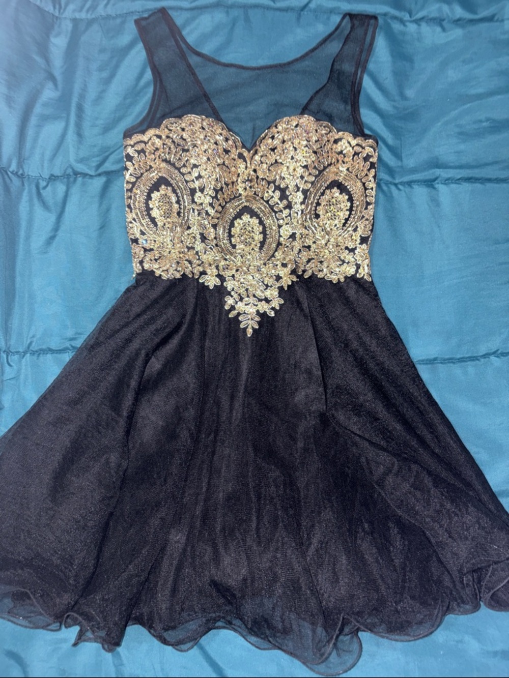 Black A-Line Homecoming / Prom / Cocktail Dress with Gold Embellished Bodice - S